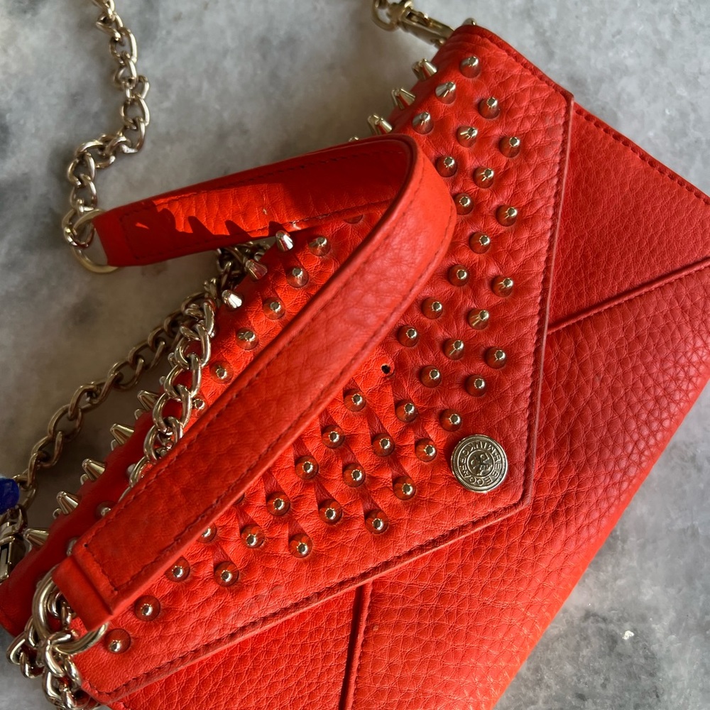 Rebecca Minkoff Leather Spiked Studded Crossbody Orange Wallet on a Chain Mini